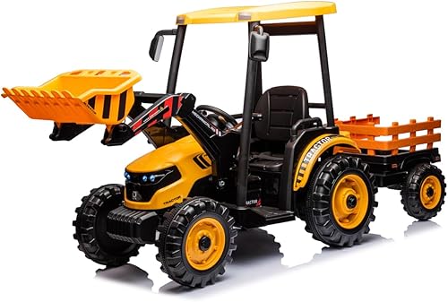 Miniatura 1 de EAPC Tractor de paseo con remolque y cargador frontal, 3 en 1 24 V, cargador de tierra con motores duales, juguetes de tractor eléctrico a batería