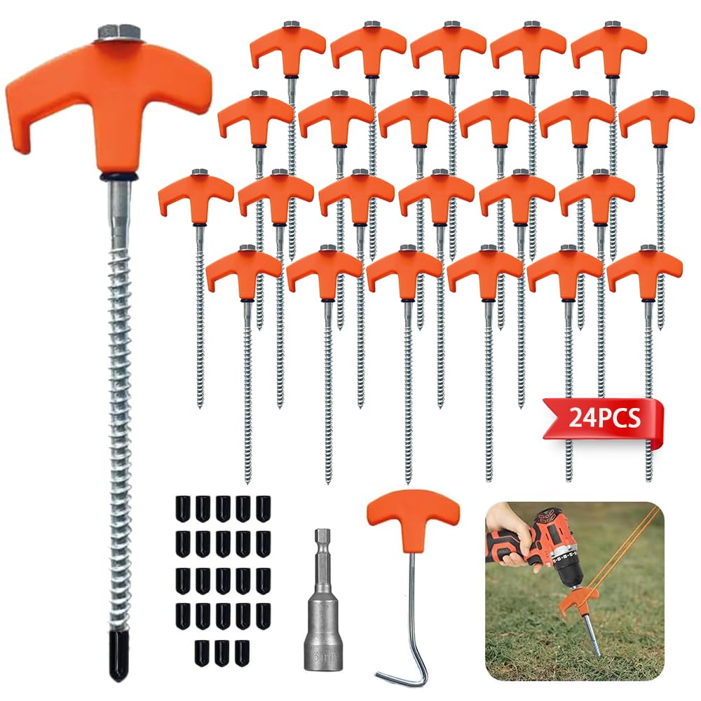 24 Stück Schraubheringe Camping, Drehbare Zeltheringe zum Schrauben mit Gewinde, Camping Heringe Schrauben, Heringe Erdnägel Stabil für Harten Boden,Wald, Wiesen, Gras Robust & Stark