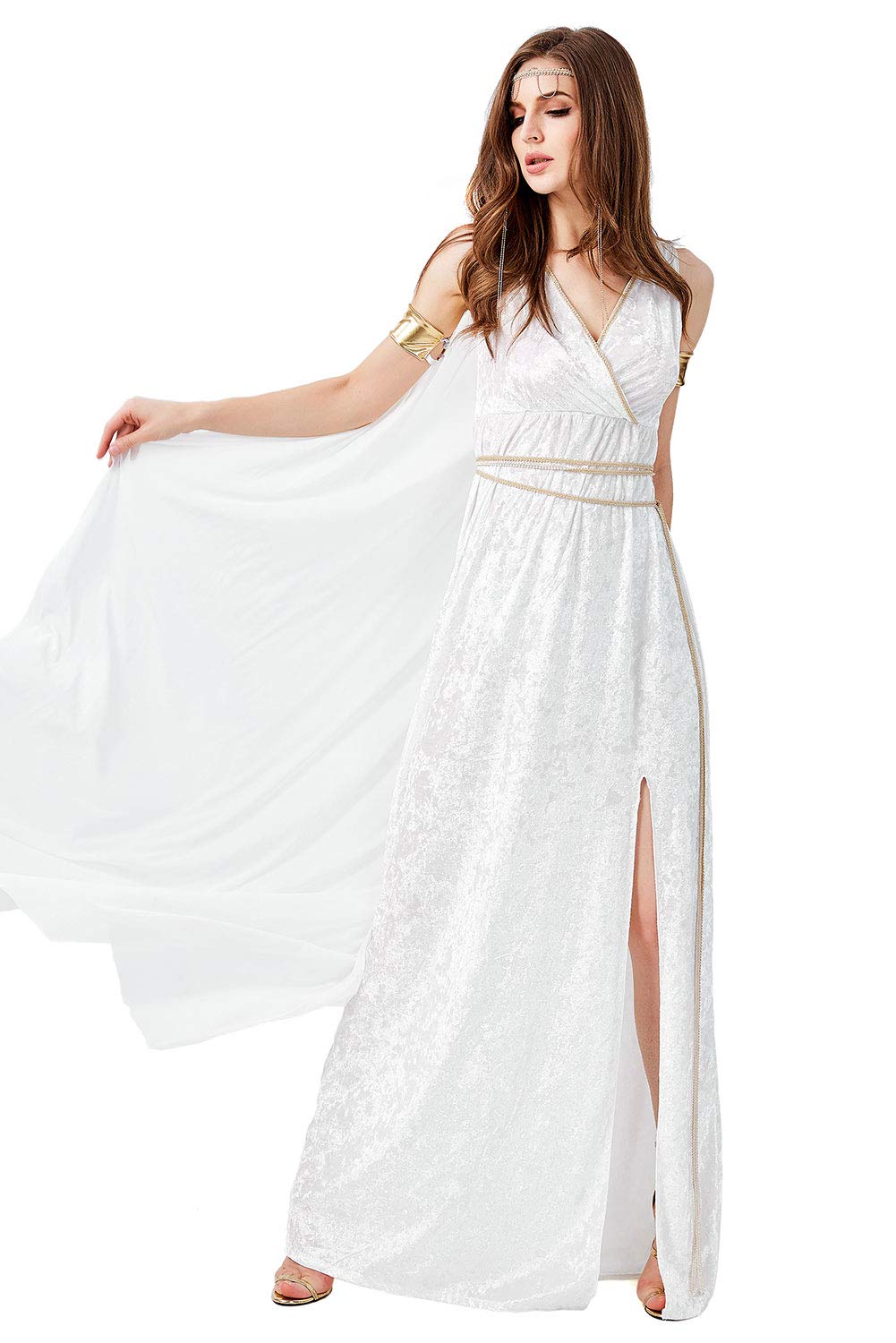 Donne Halloween Abito da Dea Greca Costume da Athena Senza Maniche con Colletto a V Romano Toga Olimpica Set Completo