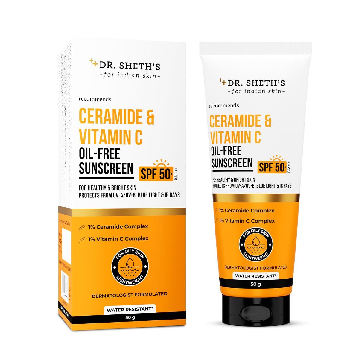 Dr. Sheth's Ceramide & Vitamin C Oil-Free Sunscreen SPF 50+ PA++++ |In-Vivo Tested | For Healthy & Bright Skin | Lightweight & Non Greasy | For UVA/UVB & Blue Light & IR Protection | No white cast | For Oily Skin | For Men & Women | 50 g