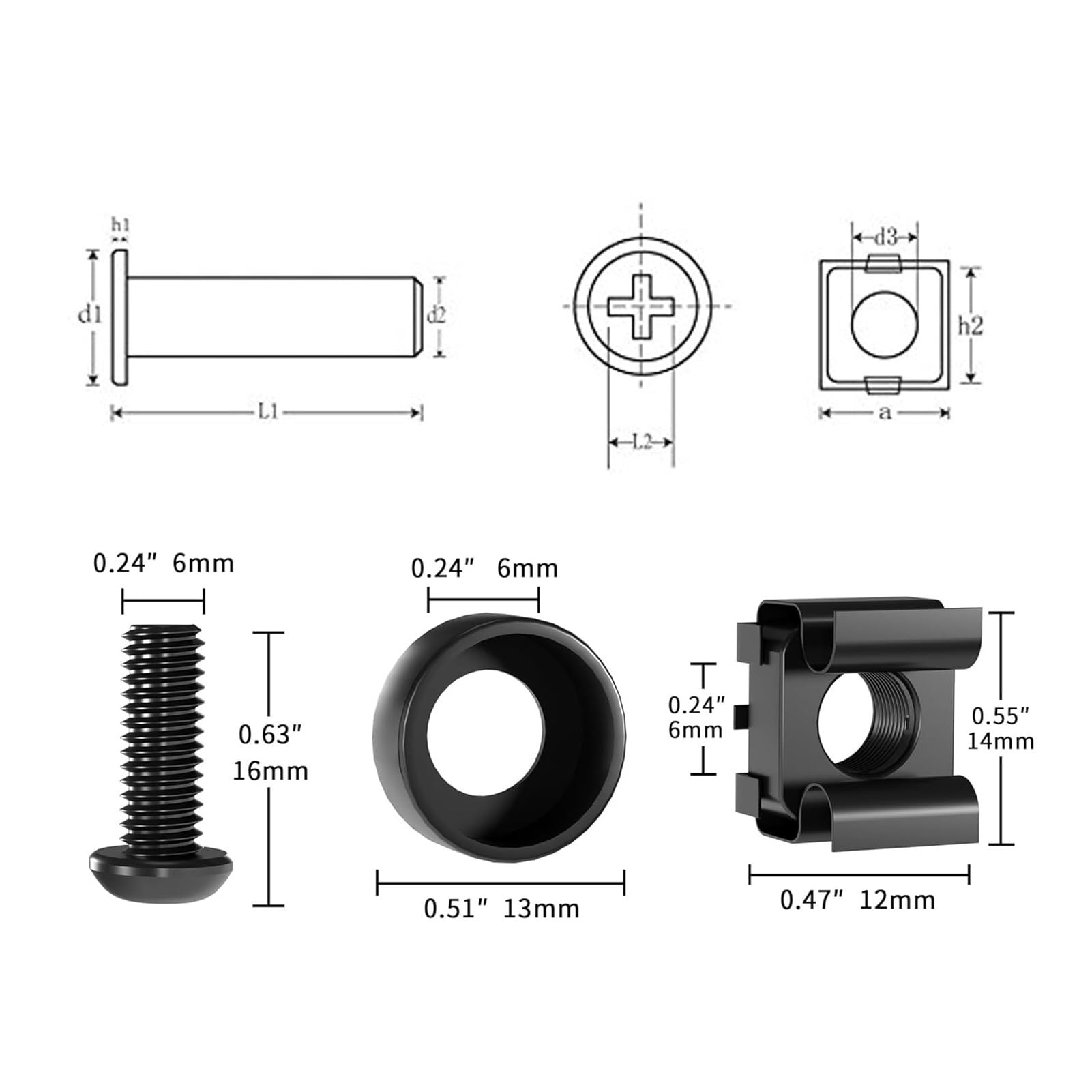 50 PACK M6 X 16mm Rack Mount Cage Nuts, Screws And Washers For Server Cabinet, Shelves, Routers(Black)