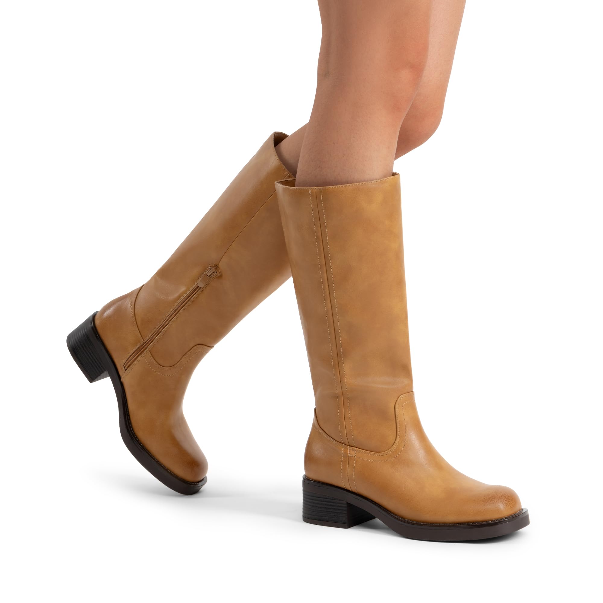 DREAM PAIRS Damskie buty pirackie do kolan, wygodne, niski gruby obcas, płaskie buty z klamrą motocyklową dla kobiet