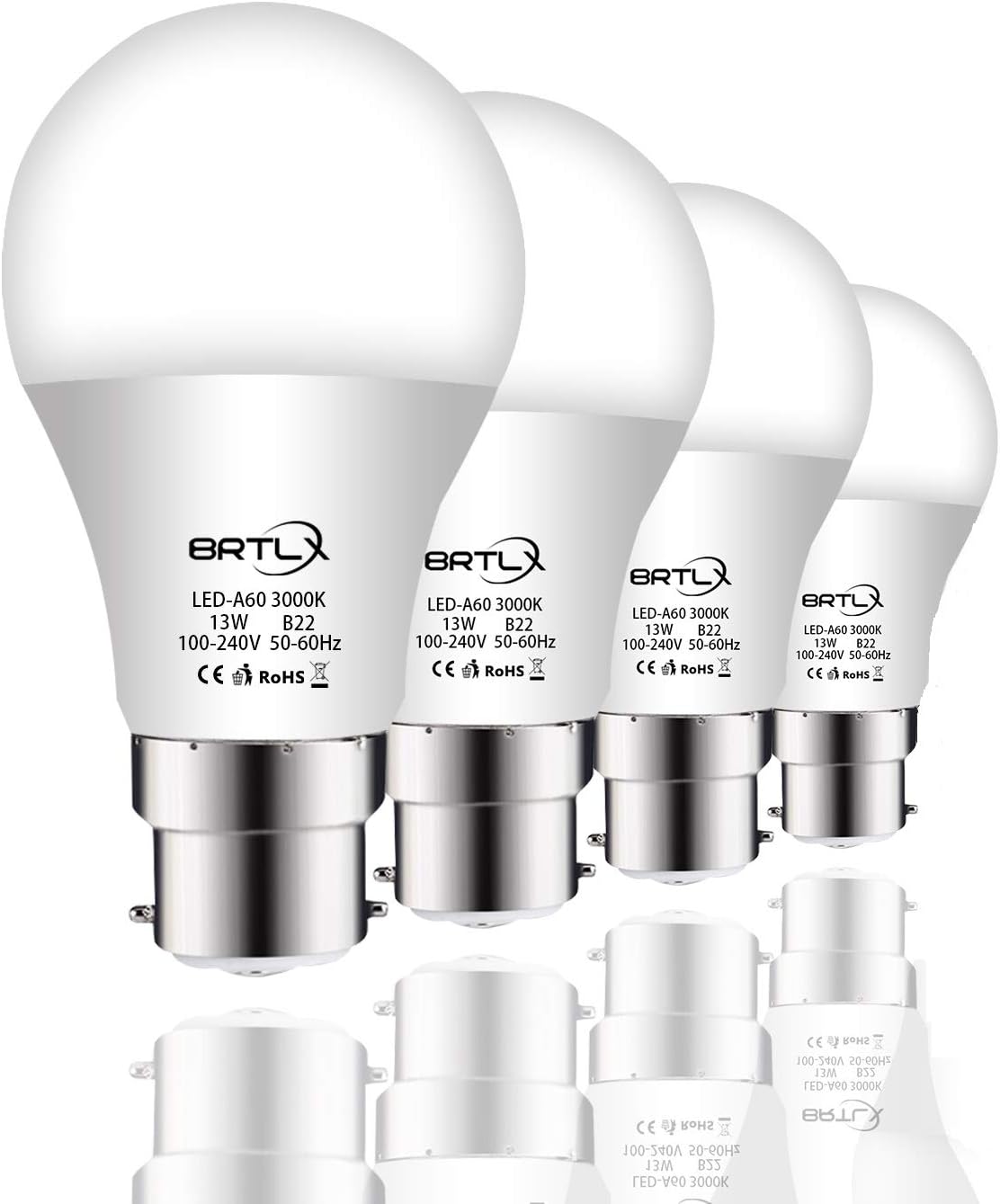 BRTLX 13W B22 LED Bulbs Bayonet Warm White 3000K A60 200 Degree Beam Angle 1040 Lumen Frosted Non-Dimmable 4-Pack
