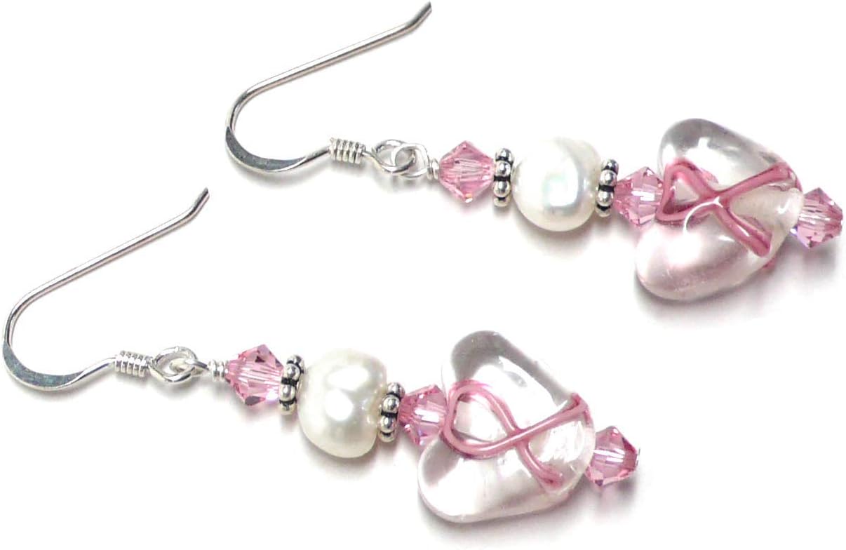 Pink Ribbon Breast Cancer Awareness Earrings Sterling Silver Clear Heart Lamp Work Glass Cultured Freshwater Pearl