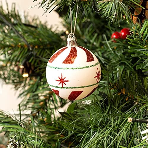 Christmas Village 30 Piece Christmas Tree Baubles Set With PVC Storage Bag  6cm Xmas Ornament Balls For Home Office, Holiday Décor - Set includes Mat, Shiny, Glitter Baubles (Green/Red/White)
