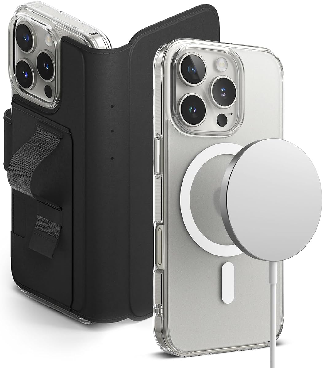 Ringke Bundle [Wallet + Case] for iPhone 16 Pro Max : Folio Grip Wallet Magnetic [Black] + Fusion [Magnetic Matte Clear]