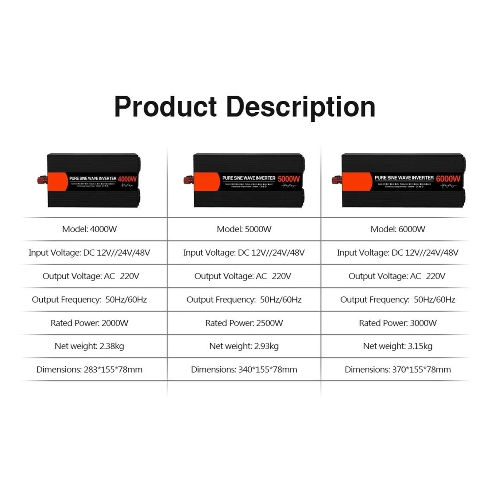 Inversores Onda Sinusoidal Pura con Doble Enchufe Europeo para Coche Convertidores Voltaje CC 12 V 24 V 48 V A CA 220 V 4000 W 5000 W 6000 W(12V,220V 60Hz,5000W (Rated 2500W))