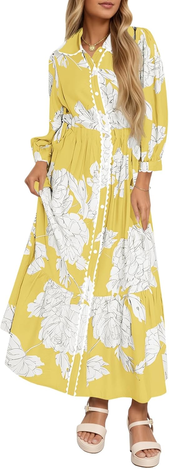 Wenrine Womens Maxi Shirt Dress Casual Floral Collared 3/4 Long Sleeve Drawstring Waist Fall Button Down Dresses