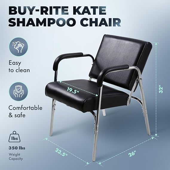 كرسي شامبو قابل للإمالة من Buy-Rite Kate Auto مع وسادة سميكة للغاية، وأذرع كروم متينة، وفينيل أسود، ومسند ظهر متين مريح - كرسي صالون محمول لأوعية الشامبو، SY-92272