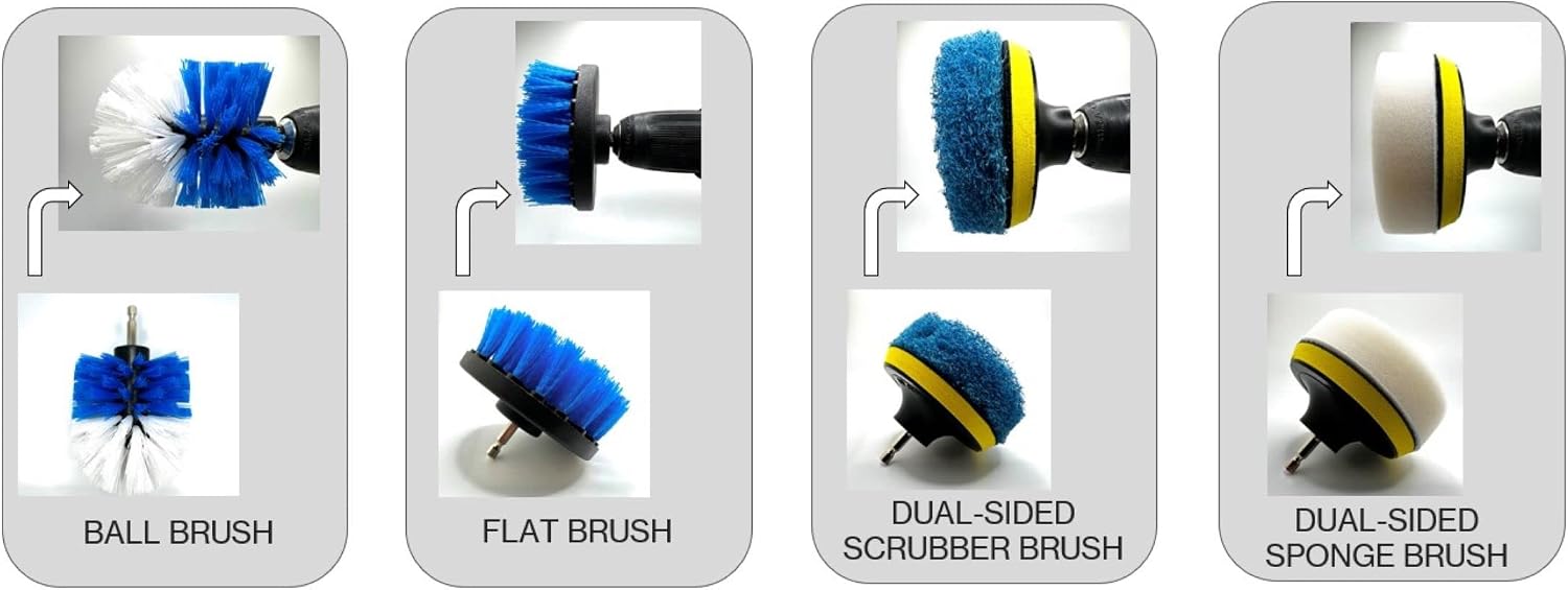 4 Piece Drill Brush Attachment Set, Scrubbing Pad and Sponge - Power Brush Scrubber Deep Cleaning Kit for Bathroom Kitchen Boat Car Grout Floor Tub Shower Tile Surfaces