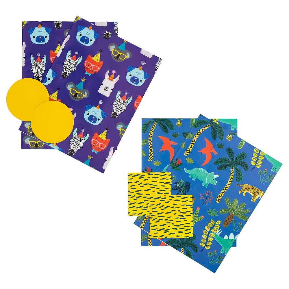 Hallmark Animals Wrapping Paper and Gift Tag Pack Bundle - 4 Sheets and 4 Tags in 2 Designs