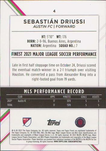 Miniatura 2 de Tarjeta de fútbol Topps Finest MLS #4 Sebastián Driussi Austin FC 2022 - GotBaseballCards