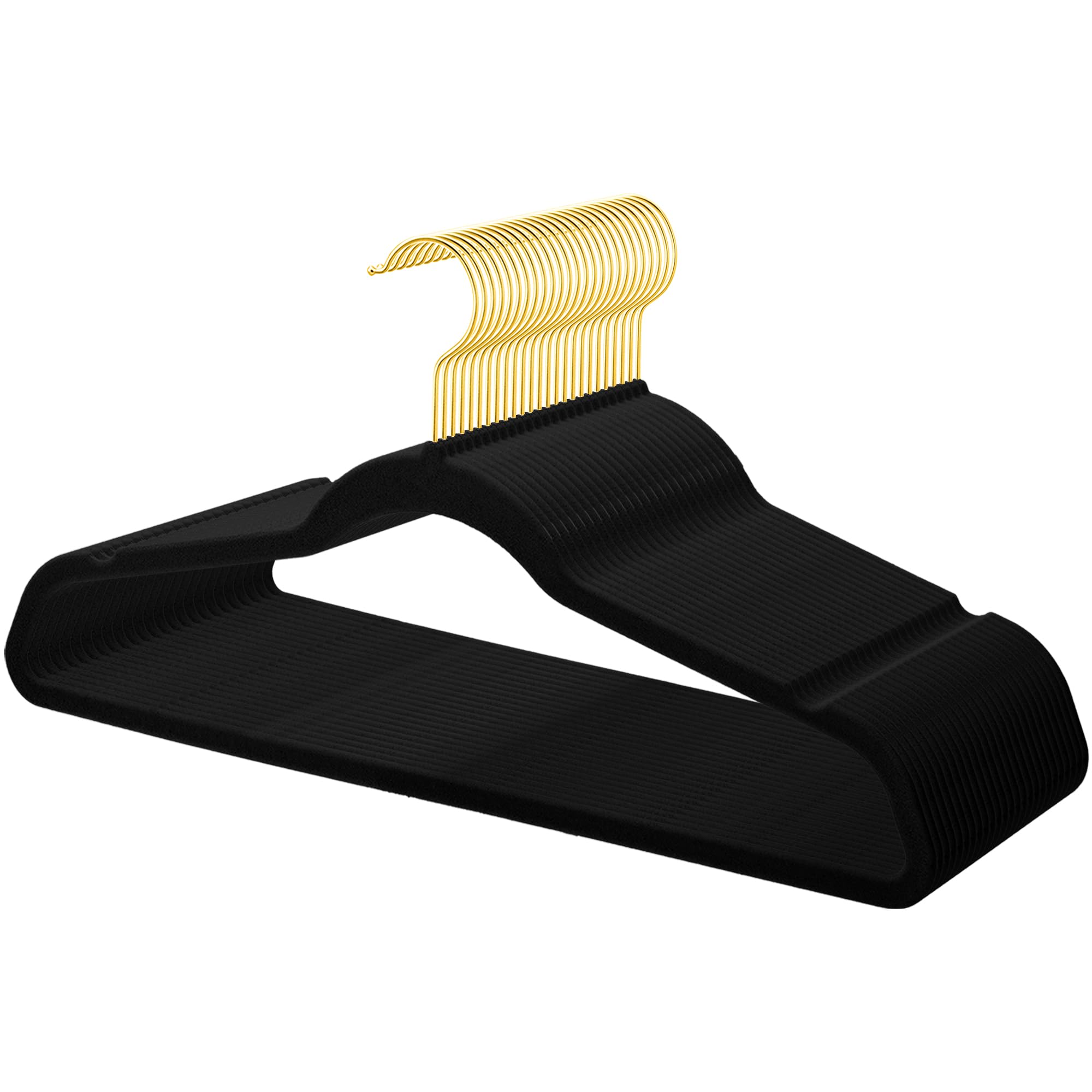 Confezione da 36 grucce in velluto di alta qualità con ganci dorati, salvaspazio, antiscivolo, resistenti, per cappotti, abiti, abiti e maglioni, design sottile, organizer per armadio (nero +