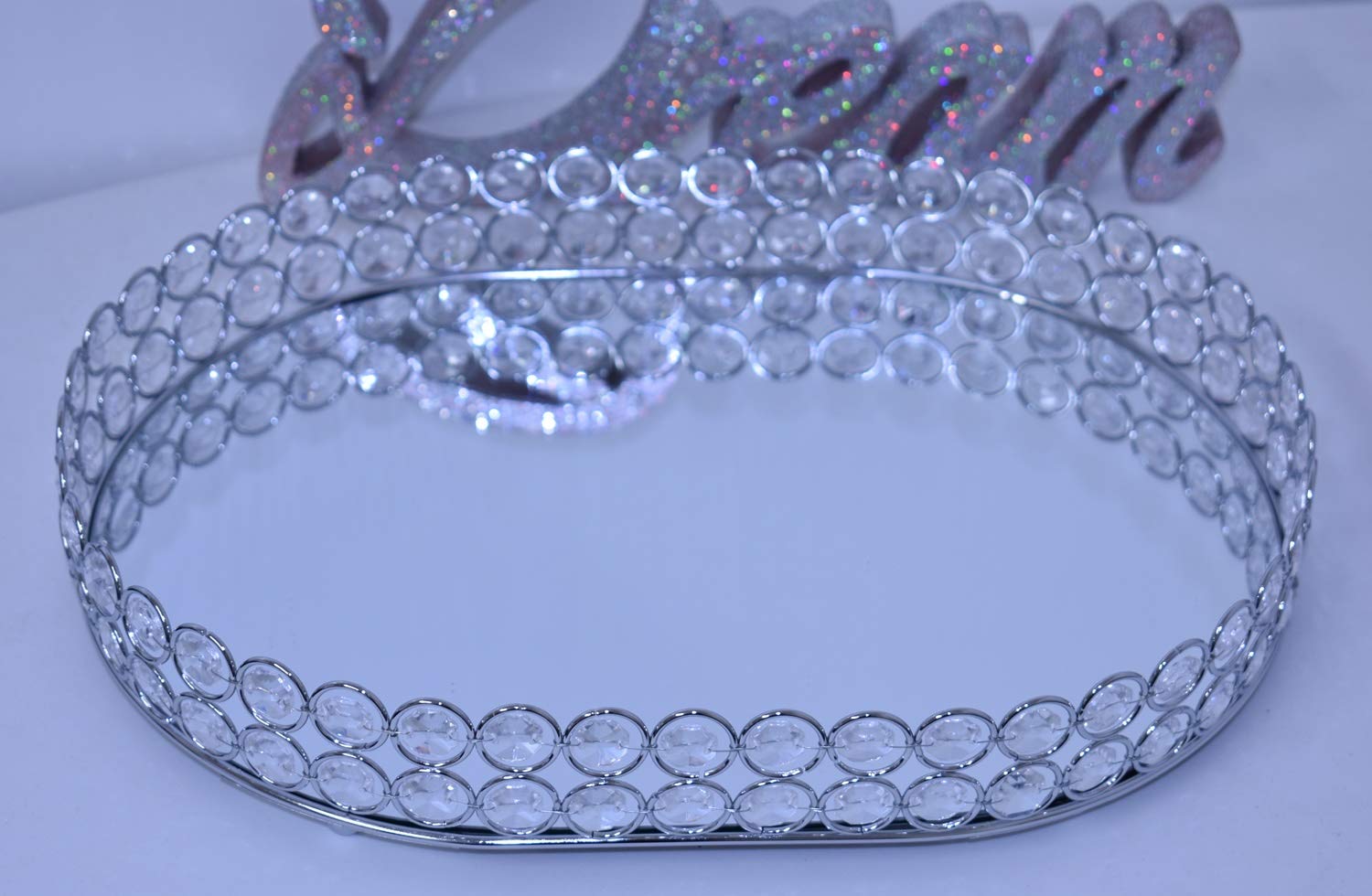 Deenz Silver 35X25cm Mirrored Cosmetic Ovel Double Beaded Tray (Round Crystal) Organiser Mirrored Glass Metal Decorative Platters Bathroom Tray Holder For Perfume Shower Gel Cosmetics Makeup