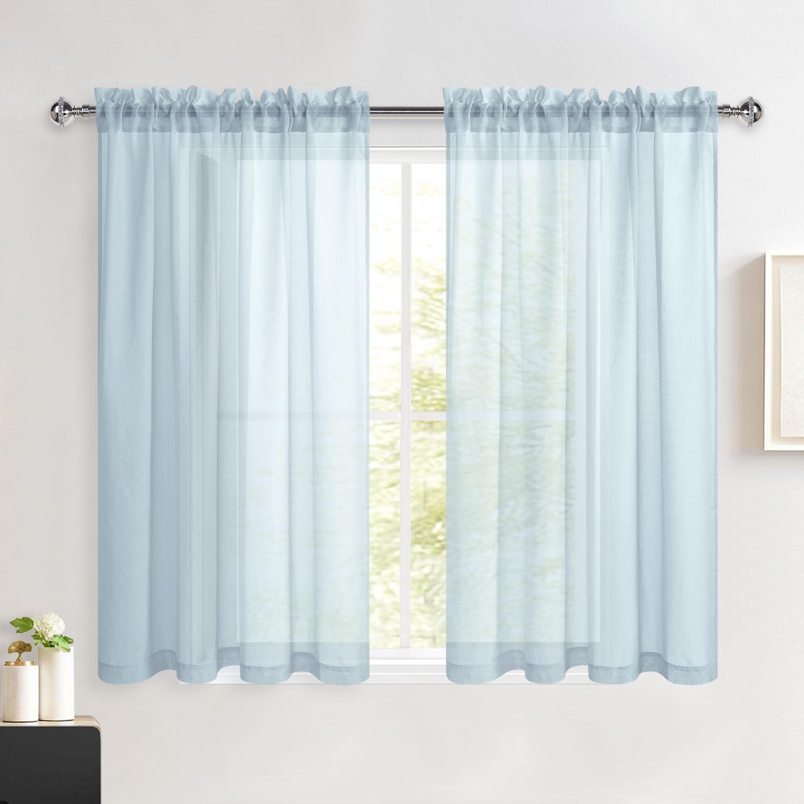 DWCN Baby Blue Net Curtains for Windows 54 Drop, Rod Pocket Voile Bedroom Curtain, Washing Machine Curtain Sheer Light Filtering Short Curtains for Boy Nursey Kitchen Cupboard, W46xL54 Inch, 2 Panels