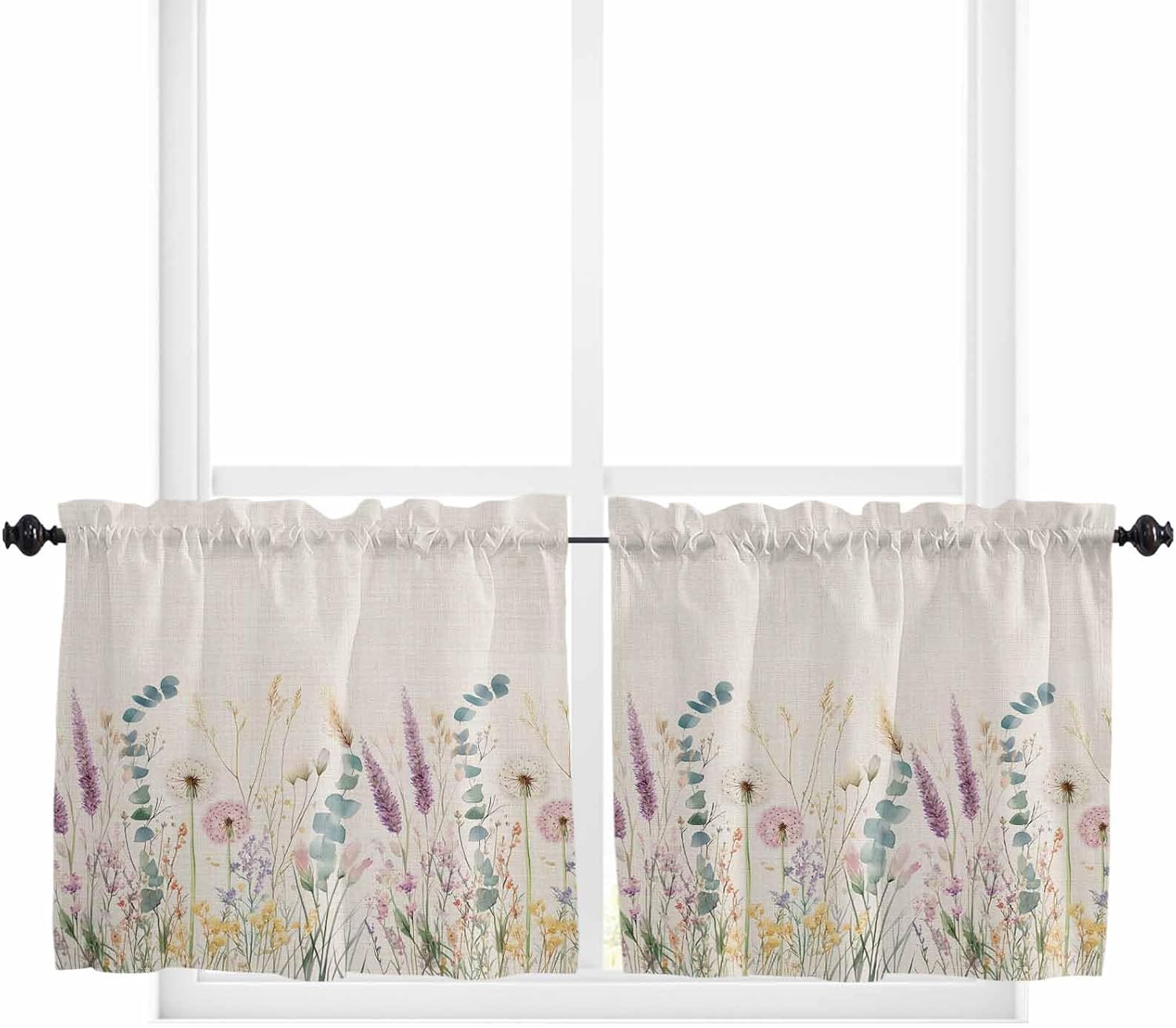 Lavender Eucalyptus Kitchen Curtain 24 Inch Length Small Short Cafe Tiers Curtains Drape, Pastoral Spring Leaves Flowers Window Treatment Rod Pocket Curtains Drapery Panels, 55x24