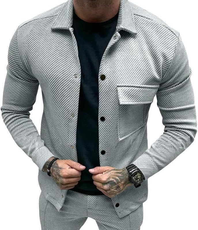 Men's Slim Fit Jacket Spring Autumn Solid Twill Button Front Casual Top with Pocket...