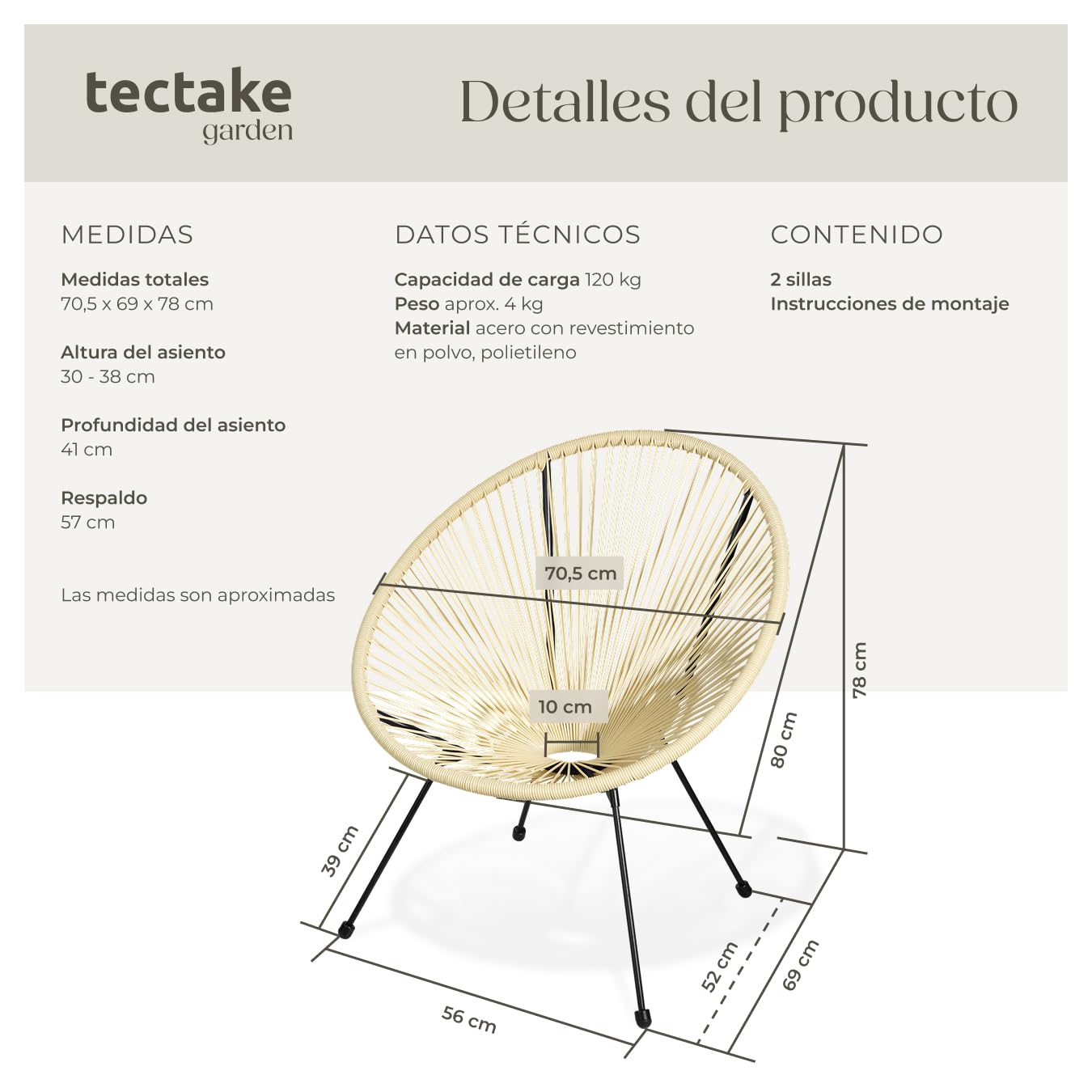tectake® Conjunto de 2 Sillas Jardín Exterior Estilo Acapulco, Conjunto Sillas Terraza de Acero, Resistente a Intemperie, Hilos de Polietileno y Topes en Patas, Hasta 120kg, Interior/Exterior - beige