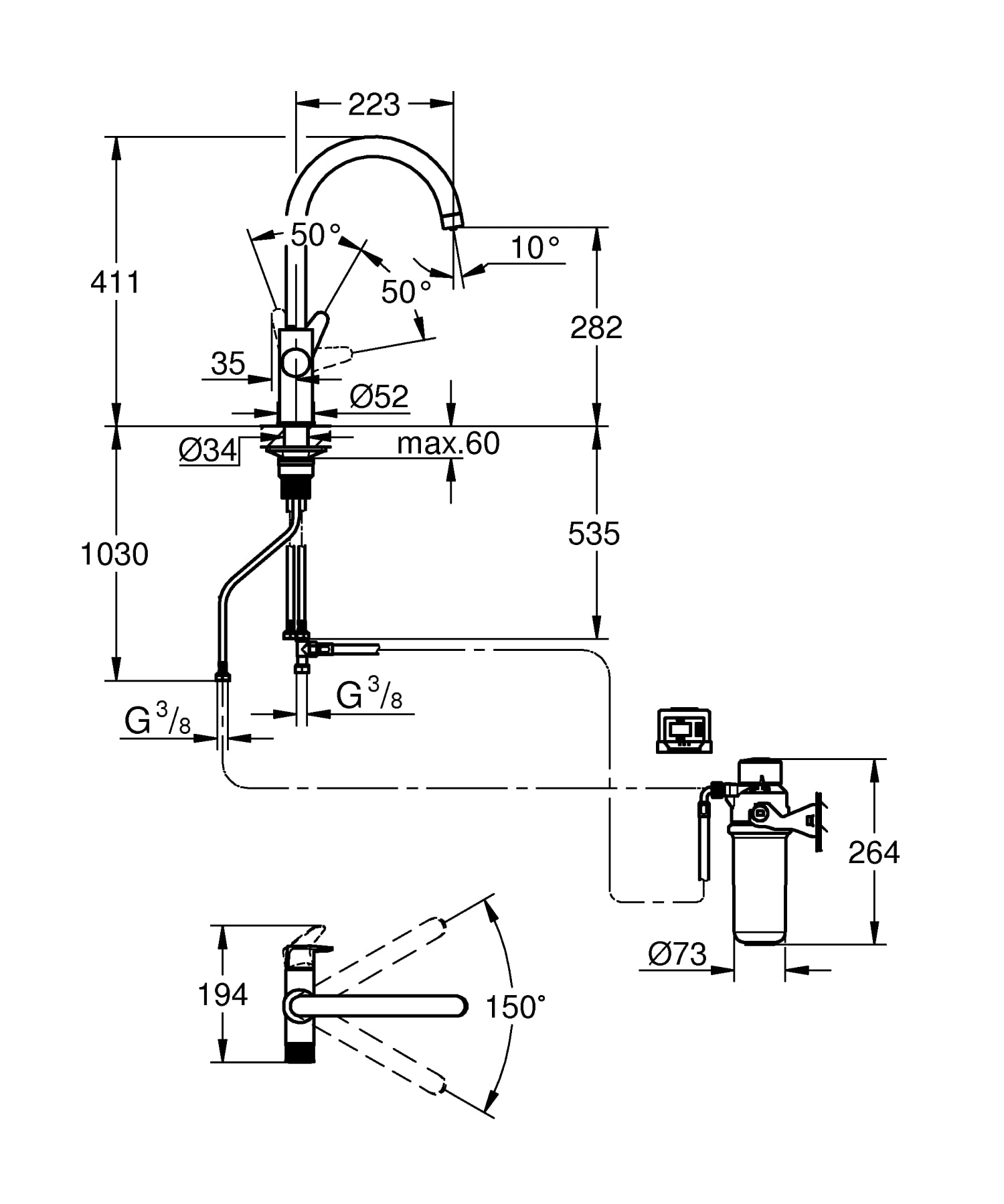 GROHE Blue Pure Start Curve - Kit monomando de fregadero con filtro (caño en C, incluye filtro y cabezal, montaje en un solo agujero), cromo, 30593000 [Clase energética B]