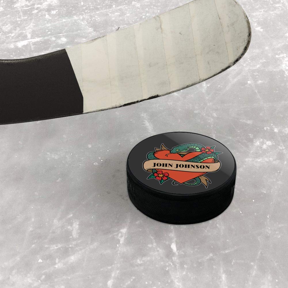 GRAPHICS & MORE Personalized Custom 1 Line Snake Heart Tattoo Style Ice Hockey Puck