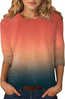 Yusealia Womens Tops Three Quarter Sleeves Printed T-Shirt Mid-Length 3/4 Sleeves Blouse Round Neck Casual Tops Slim Fit Cute Tops Crew Neck Slim Fit Half Sleeve Tee Shirts