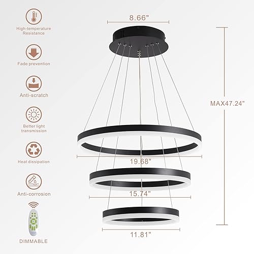 Miniatura 6 de Moderno candelabro LED regulable de 3 anillos con control remoto, lámpara de techo circular plateada para comedor, cocina, sala de estar, entrada,