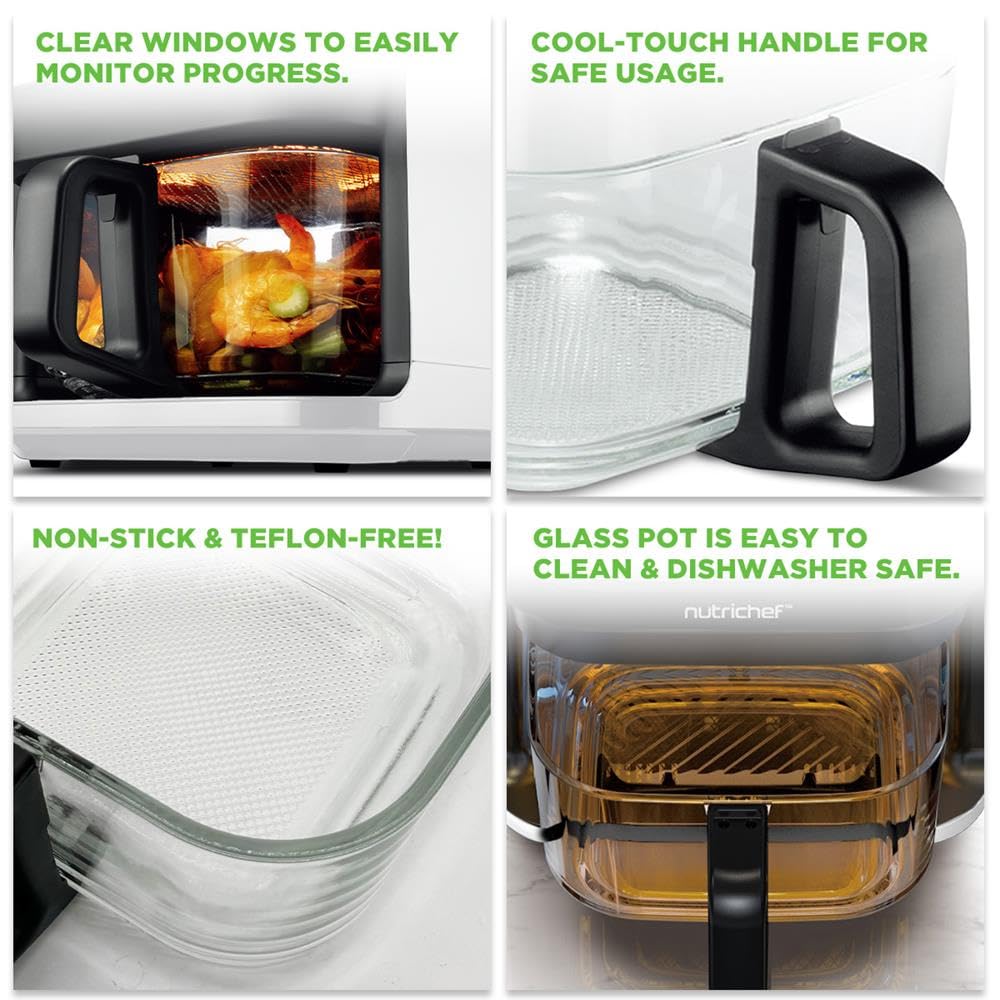NutriChef Freidora de aire caliente de 5,5 L, color blanco, 8 en 1, con recipiente de cristal y pantalla táctil LED, para freír sin aceite, circulación de aire caliente de 360°, para patatas, pollo