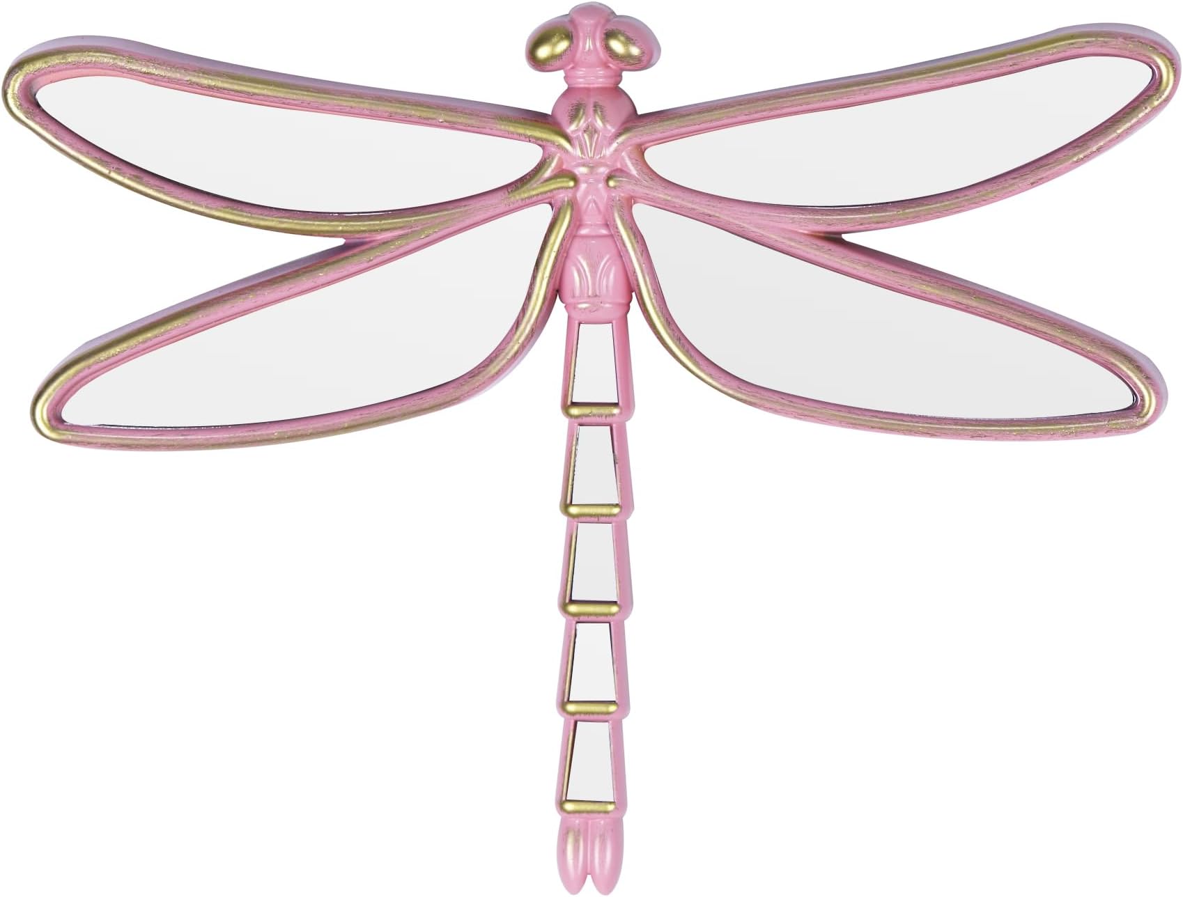 Decorative Dragonfly Wall Mirror, Plastic Frame with Mirrored Wings (12.4 x 9.3 inches) (Pink)