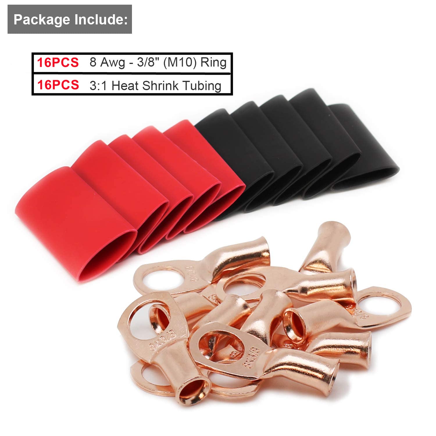 HUAZIZ 32 piezas Conectores de Terminales de Alambre de Cobre, con termoencogimiento, 16 piezas Tapones de Cable de Batería con 16 piezas Tubos Termorretráctiles