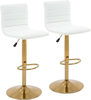 Vogue Furniture Direct PU Leather Bar Stools, Modern Square Adjustable Swivel Barstools with Back, Armless Airlift Counter Height Bar Chairs for Kitchen Dining Set of 2 (Pearl White, Gold Base)