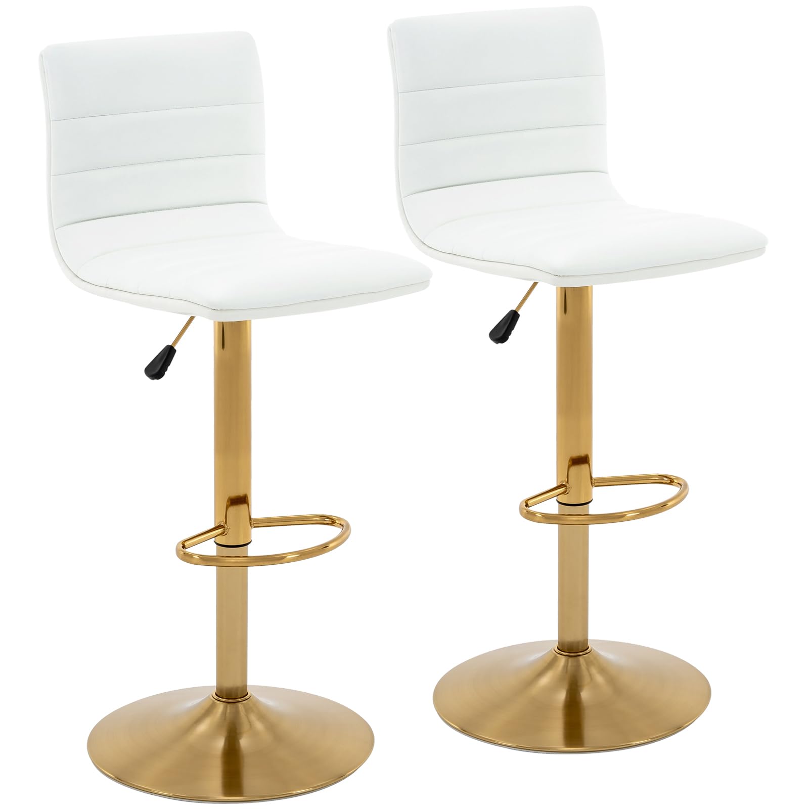 Vogue Furniture DirectPU Leather Bar Stools, Modern Square Adjustable Swivel Barstools with Back, Armless Airlift Counter Height Bar Chairs for Kitchen Dining Set of 2 (Pearl White, Gold Base)