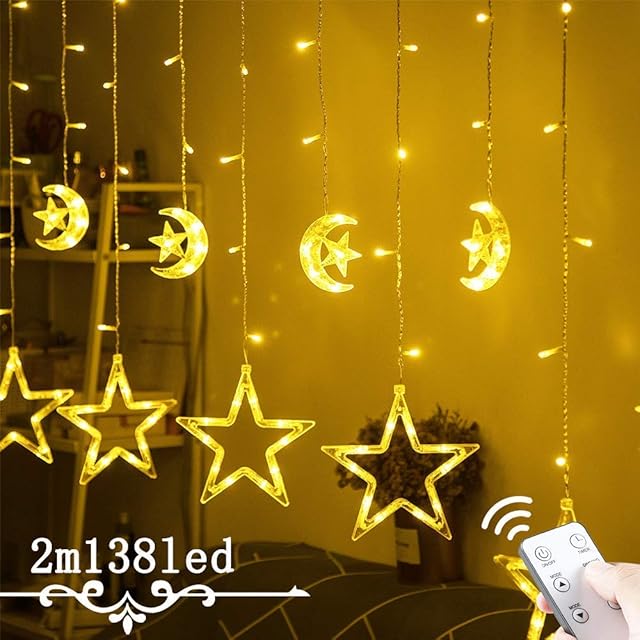 Avoalre Star Curtain Lights 2M/6.6ft 6 Stars&6 Moons 138 LEDs Fairy Christmas Window Lights Remote Control with 8 Flash Modes IP44 Waterproof Decorative for Christmas Wedding Party (Warm White)