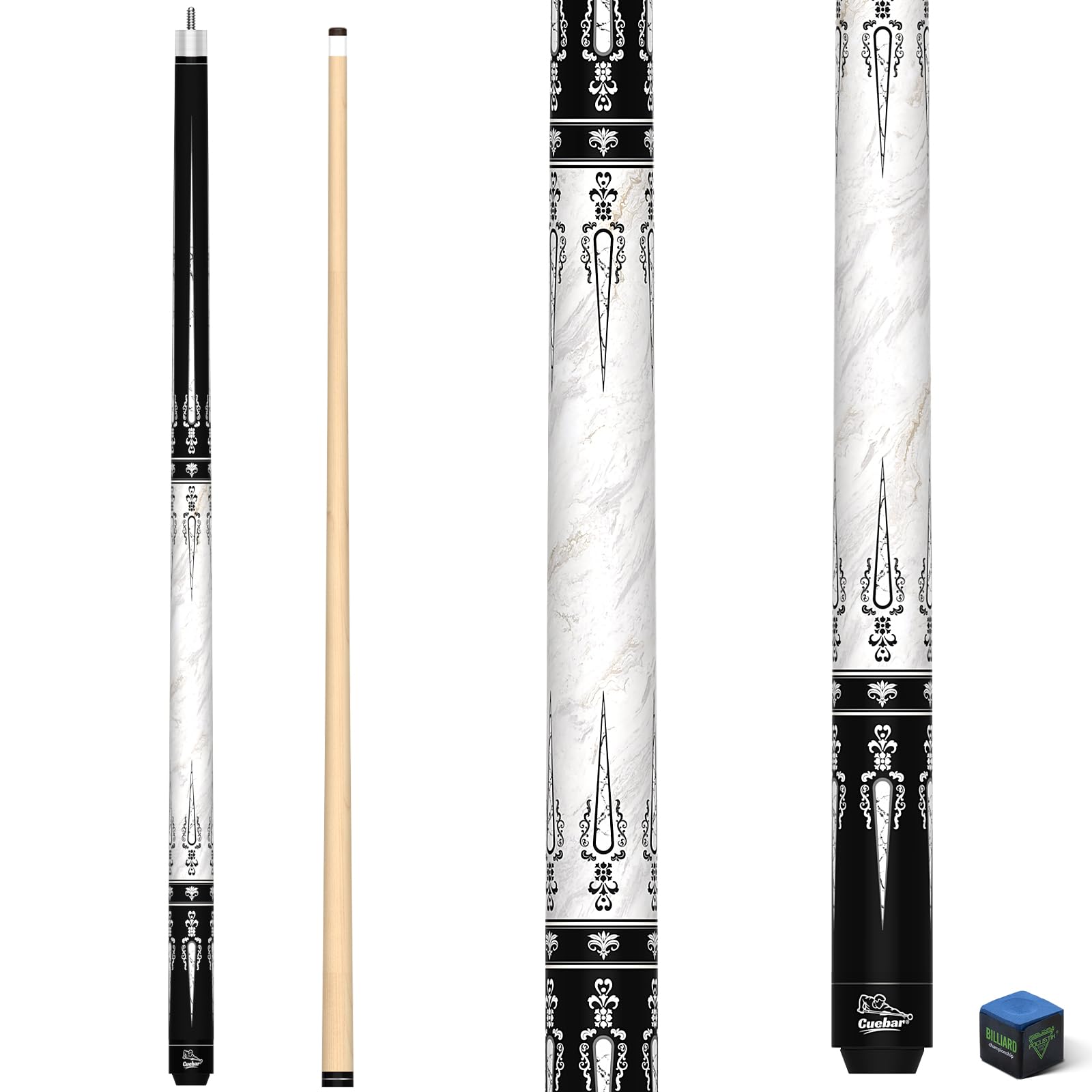Pool Cue Stick 58 Inch 2-Piece Billiard Cue with Geometric Sword Inlays, Unwrapped Grip, Maple Shaft, 13mm Tip with Chalk White 20Oz