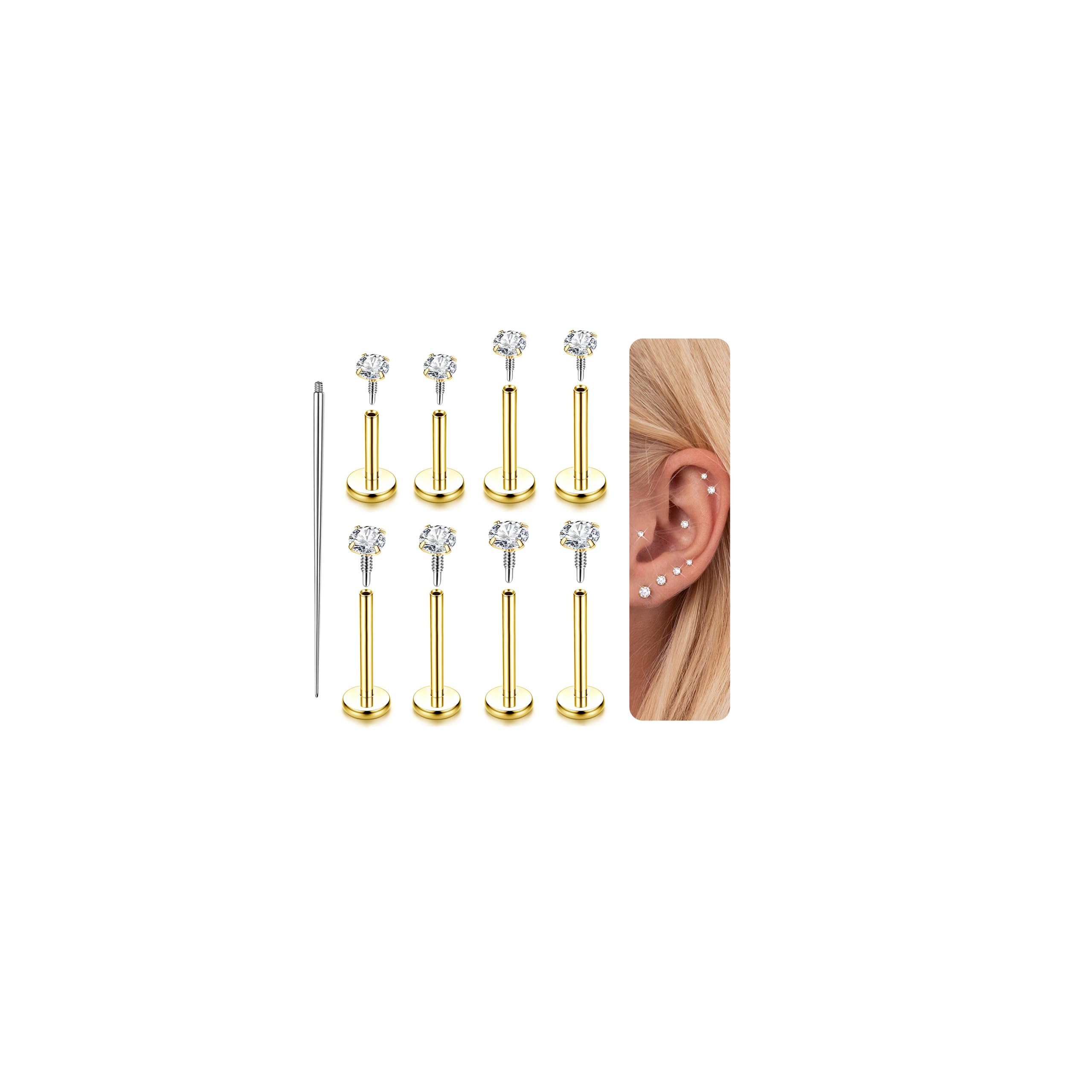 14K Gold Plated Flat Back Stud Earrings - 316L Surgical Steel Internal Thread CZ Stud Piercing Jewelry for Tragus Helix Cartilage Conch Nose Hypoallergenic Lip Labret Medusa Piercing 16G 18G
