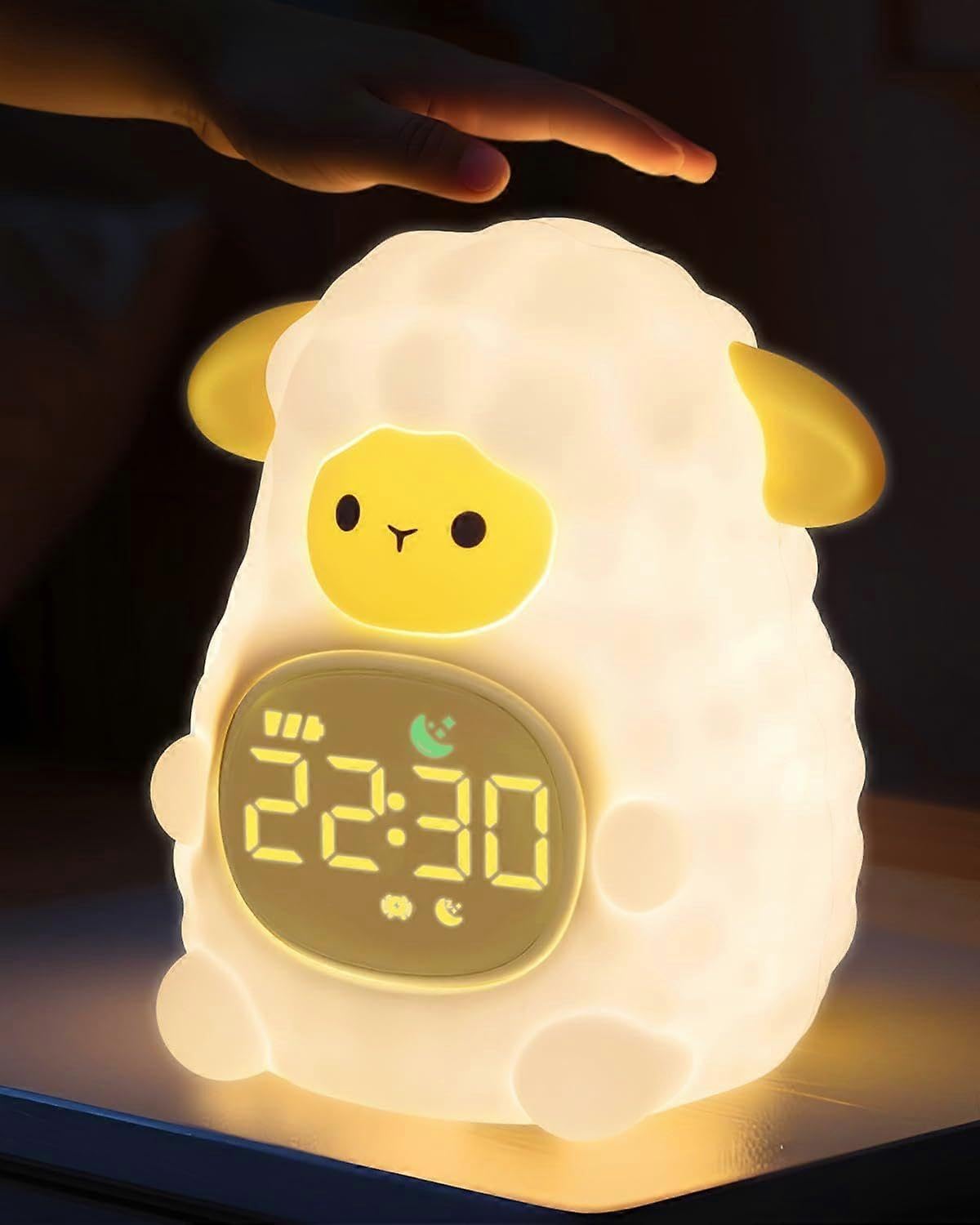 Wecker Schafe mit Nachtlicht für Kinder Wiederaufladbare Silikonlampe Niedliche Tier Schreibtischlampe Idealer Schlafbegleiter für Jungen und Mädchen