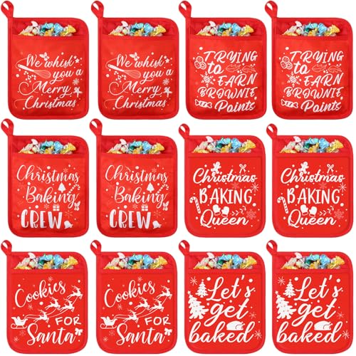 WILLBOND 12 Pieces Christmas Pot Holders with Pocket Red Pocket Funny Pot Holders Kitchen Hot Pad Oven Mitts Cookie Bag Heat Resistant Cookies Oven Pads for Baking Cooking, Red