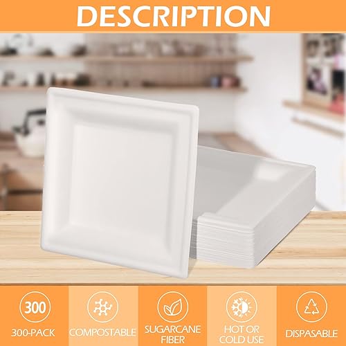 Miniatura 4 de Hotop Paquete de 300 platos desechables cuadrados de 6 x 6 pulgadas, platos pequeños y seguros de caña de azúcar, platos de papel para boda,