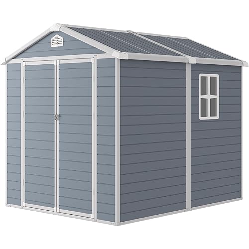 Storage Shed Plastic Outdoor Storage Shed Waterproof Container House with Lockable Door and Transparent Window for Garden, Lawn, Backyard, Patio (6x8FT)
