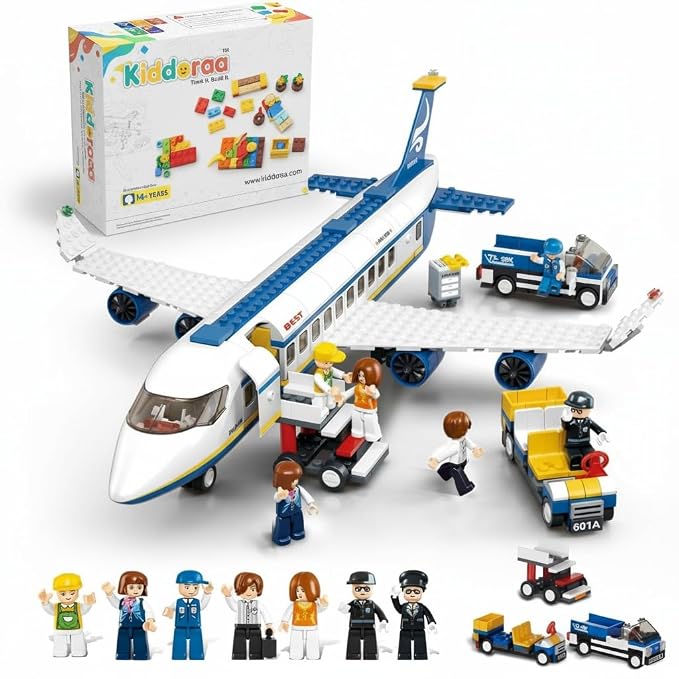 Passenger Airplane Building Set – Complete Airport Playset with Shuttle Bus, Luggage Truck, Boarding Stairs & 7 Minifigures | STEM Toy Kit | 12 Months Manufacturing Warranty | 463+ Pieces