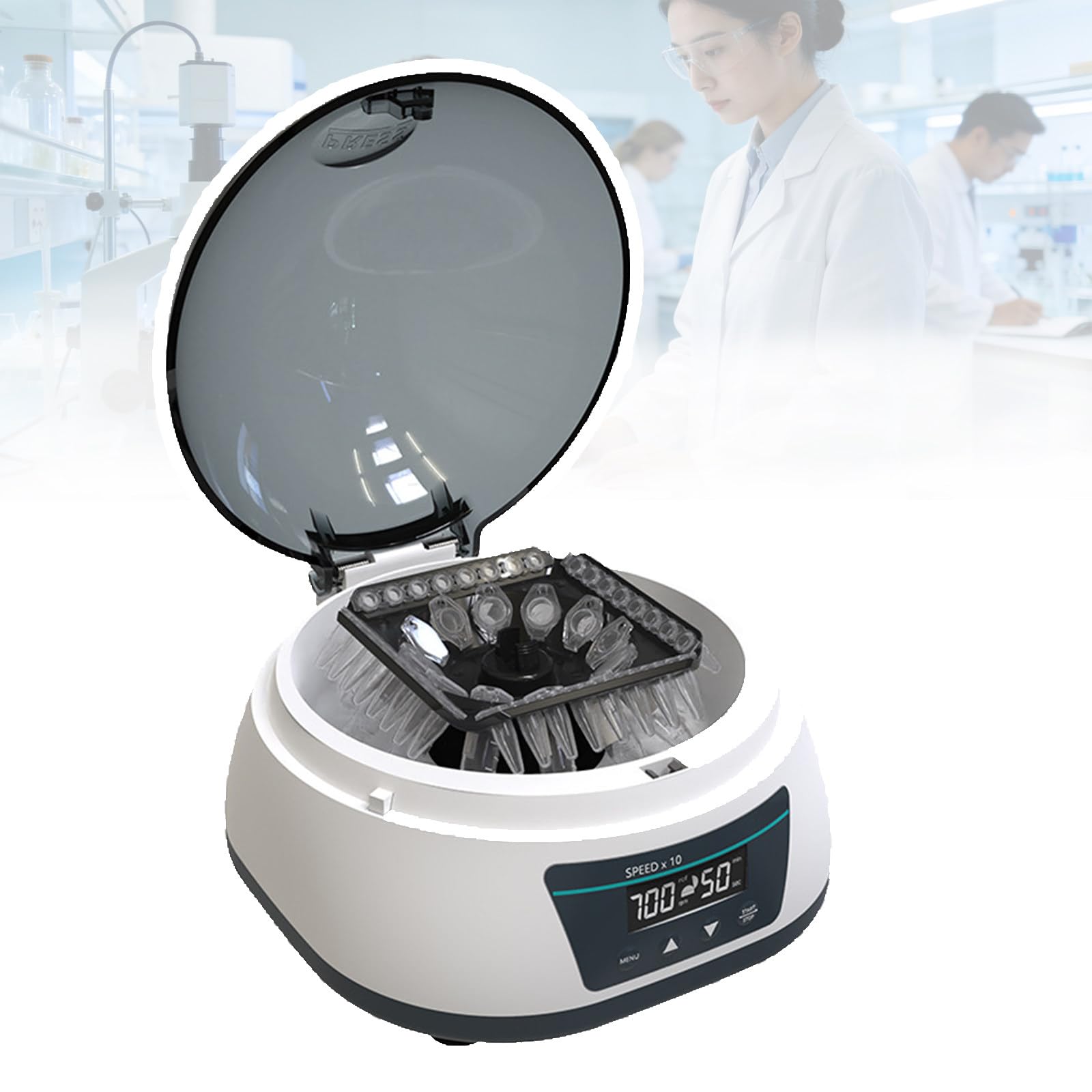Centrífuga de laboratorio con temporizador 10s-99min, rotor 2 en 1, velocidad ajustable, protección de tapa para experimentos y procesamiento de muestras, tubos no incluidos