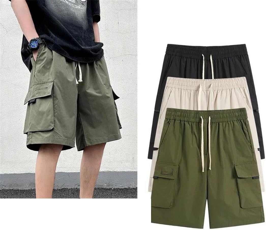Men Summer Ice Silk Quick Dry Loose Straight Beach Japanese Cargo Shorts