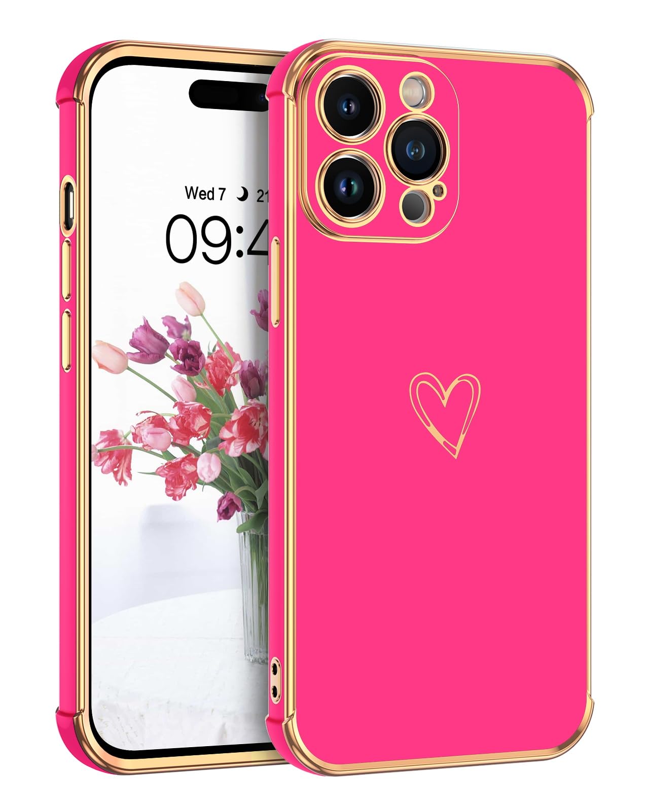 BENTOBEN for iPhone 14 Pro Case, Cute Heart Pattern Slim 14 Pro Charging Case, Soft Flexible Shockproof Bumper Women Girls Non-Slip Lightweight Protective Phone Cover for iPhone 14 Pro 6.1", Hot Pink