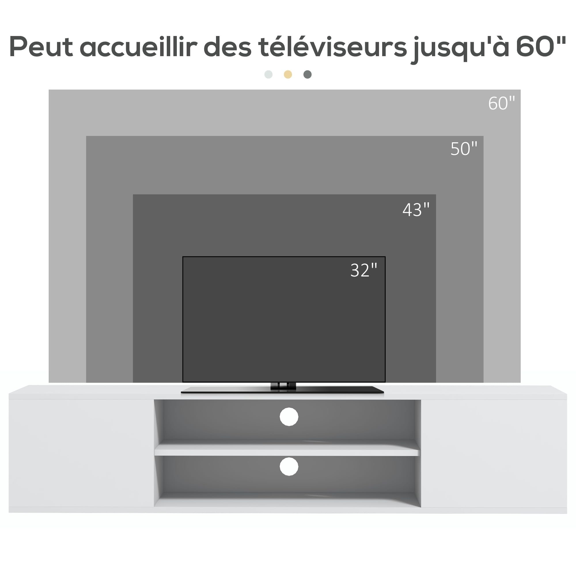 HOMCOM Meuble Banc TV Mural Suspendu Style Contemporain - 2 placards 2 Passe-câbles et 2 niches centrales 140 x 30 x 30 cm Blanc