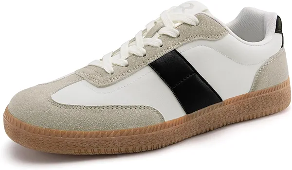 Rihero Men's Fashion Sneakers Comfortable Tennis Walking Shoes Lace-Up Non Slip Skate Casual Sneakers White Black Size 9.5