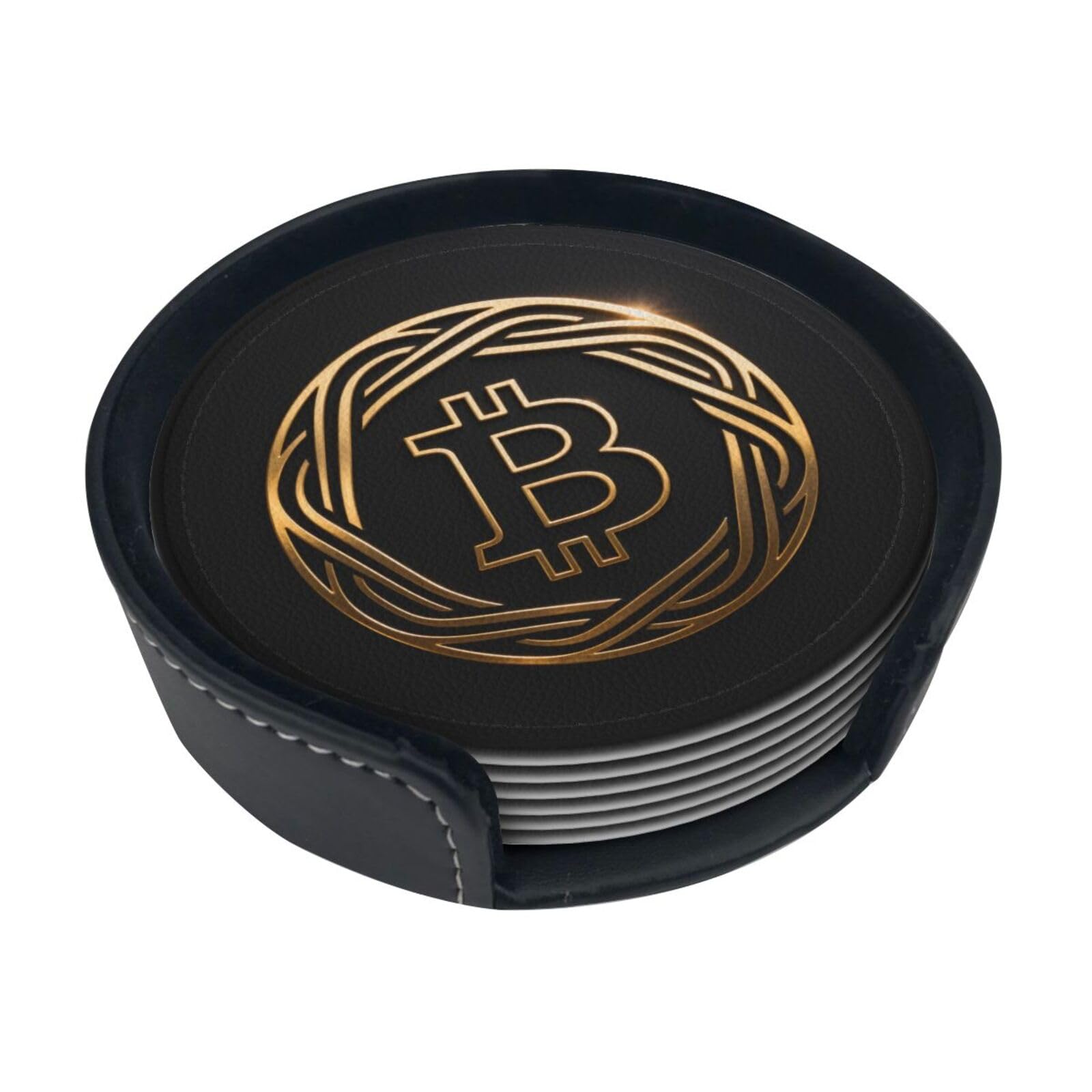 Bitcoin Leather Coasters-Set of 6 with Storage Holder