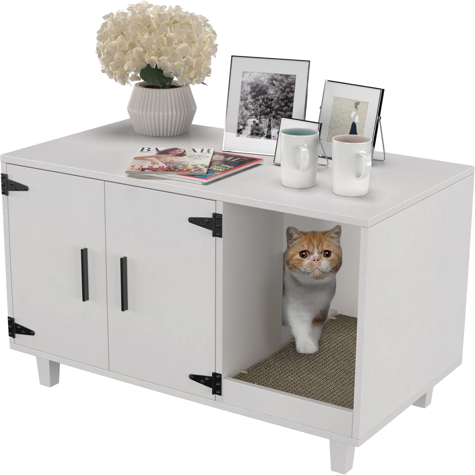 GDLF Modern Wood Pet Crate Cat Washroom Hidden Litter Box Enclosure Furniture House as Table Nightstand with Scratch Pad,Stackable (White)