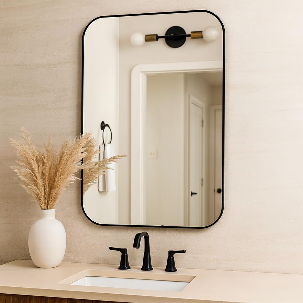 Espelho Decorativo Retangular com Moldura em Courino 60x40cm Montagem em Parede Estilo Moderno para Sala Quarto Banheiro (Preto)