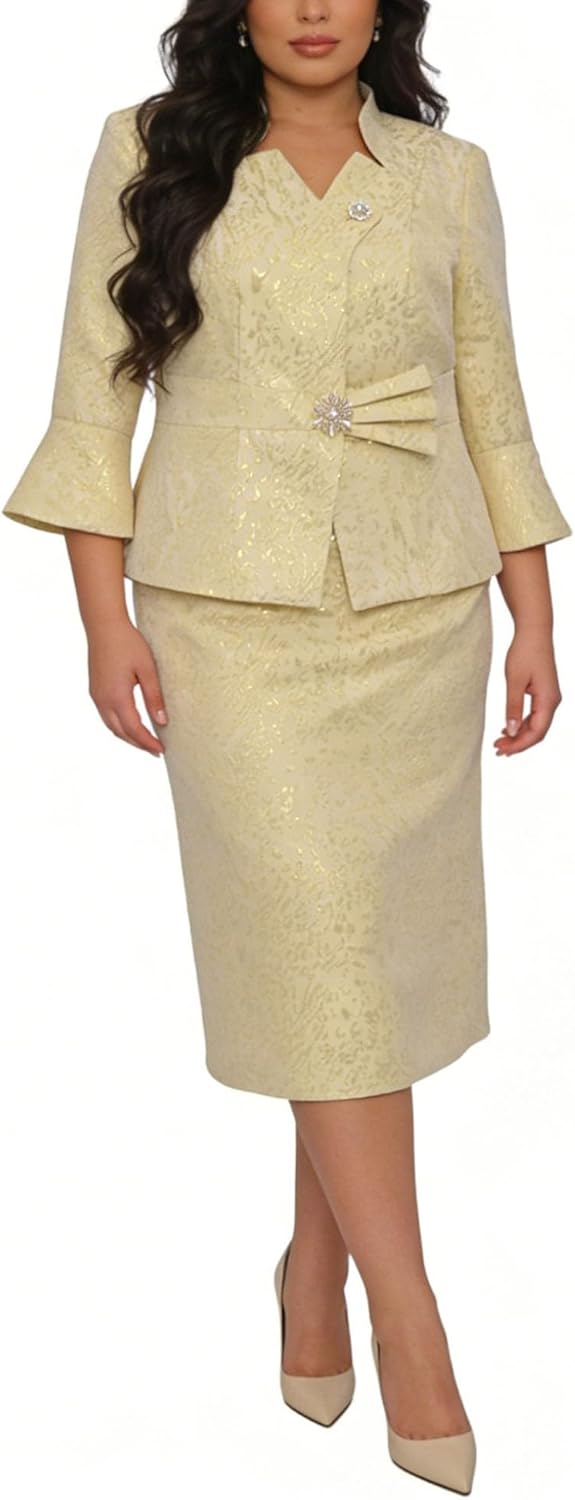Women's Church Suits 2 Piece Jacquard Embroidery Dress Set for Formal Occasions, Wedding, Church Services