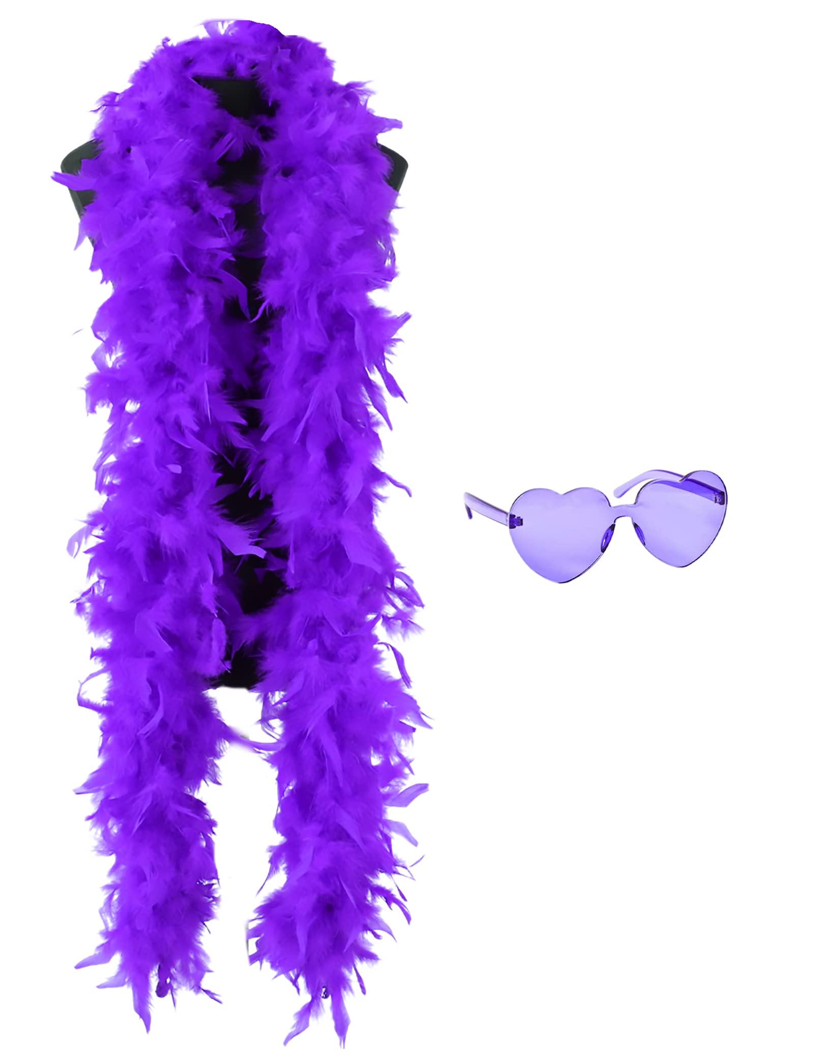 JICASTO Colorful Feather Boas, 6.6ft Feather Boa for Women for Dancing Wedding Party Cosplay Halloween,with Heart Rimless Sunglasses, Purple