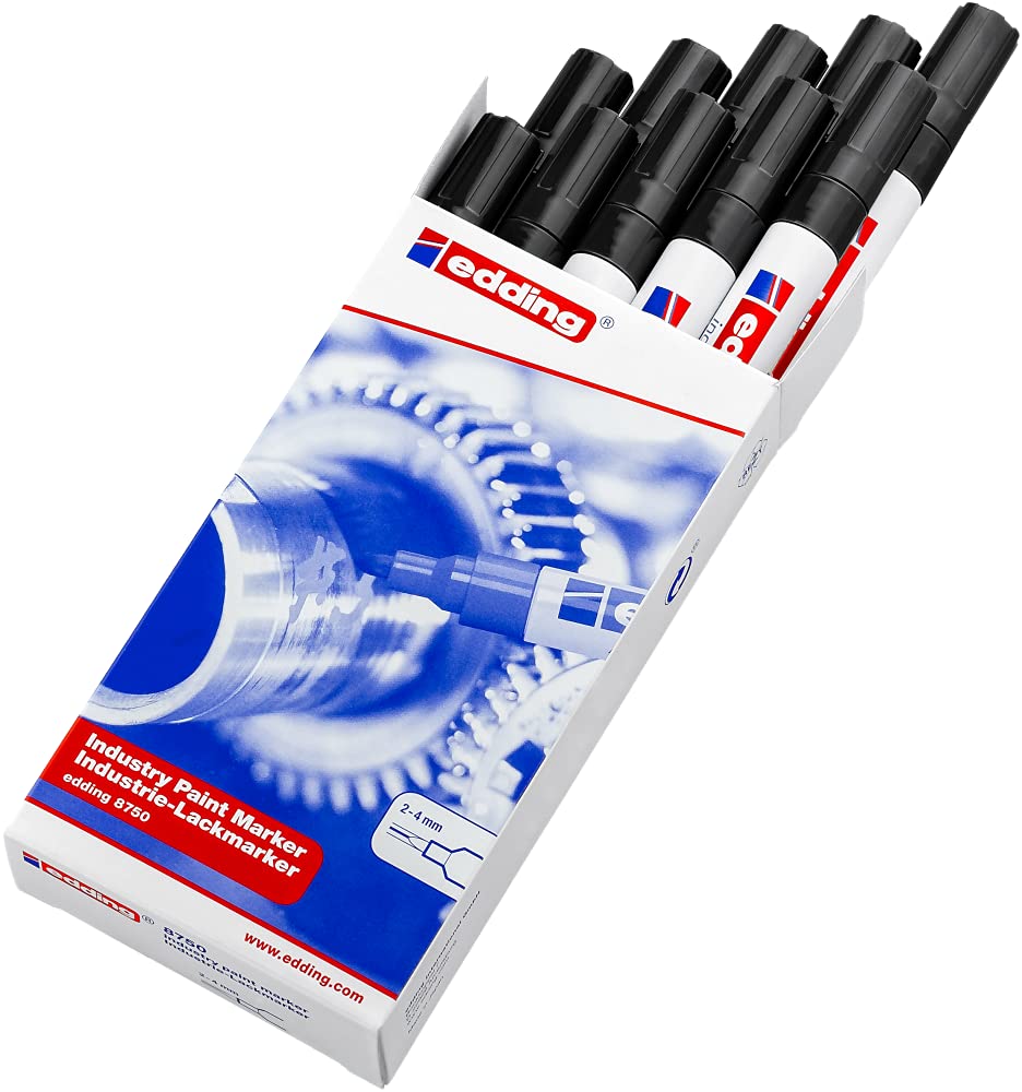 edding 8750 marcador de tinta opaca industrial - negro -10 bolígrafos- punta redonda 2-4mm - rotulador superficies polvorientas, grasientas, neumáticos, metal, vidrio, madera - permanente impermeable